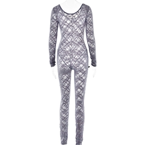 Rear view of grey floral lace jumpsuit featuring long sleeves and a deep U-shaped back