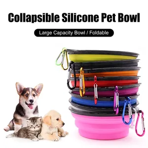 Portable silicone folding dog bowls in multiple colors with metal carabiner for outdoors