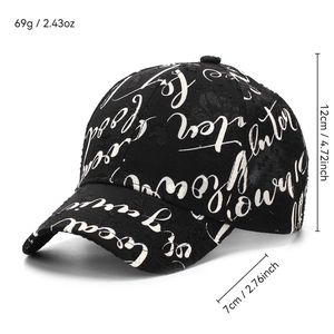 Distressed black baseball cap with white cursive script embroidery and structured crown