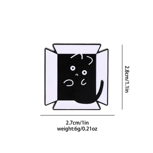 Detailed size chart of a cute black cat enamel pin in a box showing 2.8cm by 2.7cm