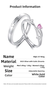 Detail of S925 sterling silver couple rings with star pattern and pink heart zircon