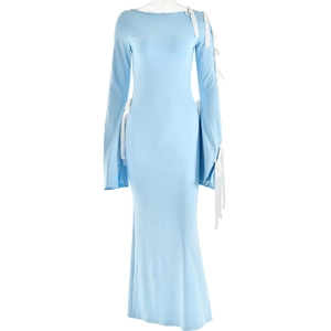 Detailed view of light blue maxi dress with white ribbon lacing on sleeves and sides