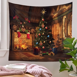 Detailed Christmas tree tapestry showing warm indoor fireplace and festive holiday decor