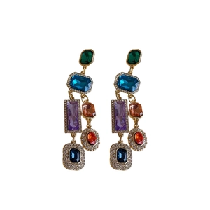 Vintage gold square earrings with colorful rhinestones and crystal tassel design