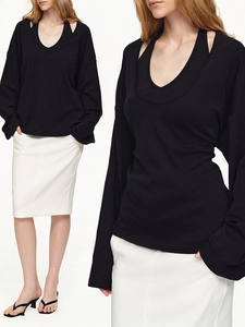 Chic black layered long-sleeved T-shirt with cutout neck design and slim fit