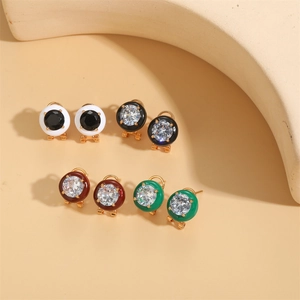 Vintage Copper Rhinestone Enamel Round Stud Earrings For Women Minimalist Geometric Gold Plated Elegant Jewelry Daily Gift