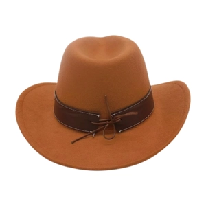 Detail of vintage brown felt fedora hat featuring classic leather band and bow decoration