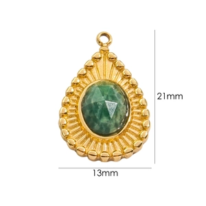 Detail showing 21mm green natural stone pendant with 14K gold plated titanium steel base