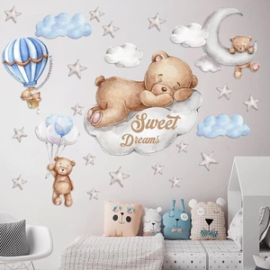 Cartoon PVC Wall Stickers Nursery Decor Cute Teddy Bear Moon Stars Watercolor Removable Decals For Kids Bedroom