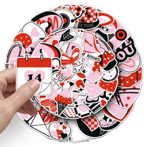 50pcs Red and Pink Valentine's Day stickers with heart and love motifs on white background