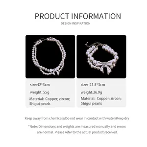 Size and material specifications for pearl bow necklace and bracelet set in close-up view