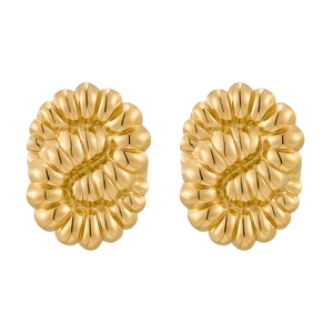 Detailed view of elegant gold pleated wave stud earrings with textured metallic finish