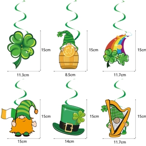 Detailed view of St. Patrick's Day hanging swirls featuring shamrocks and gnomes