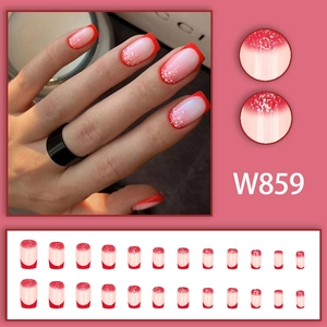 Faux ongles carrés roses avec dégradé rouge et paillettes argentées modèle W859