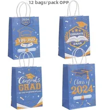 Close-up of Class of 2024 graduation gift bags with caps and diplomas in 12-piece OPP pack