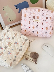 Quilted cotton cosmetic bags in pink bear and white elephant patterns with zipper