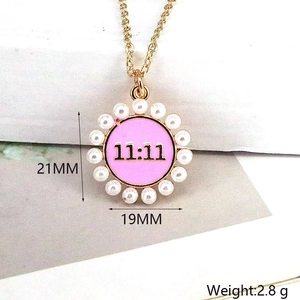 Pink 11:11 lucky number necklace with gold plating and pearl details, size 21x19mm