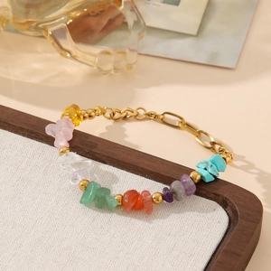 Irregular multicolor natural stone beaded stainless steel bracelet in bohemian style
