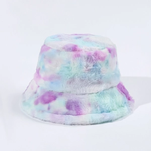 Close-up of tie-dye plush bucket hat showing soft purple and blue faux fur texture