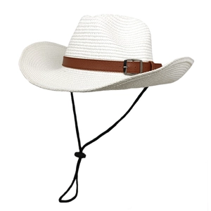 White woven straw cowboy hat with brown leather band and adjustable windproof chin strap