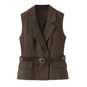 Women's dark brown double-breasted vest with high-waist pants and crocodile texture belt
