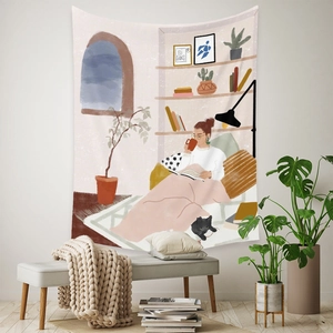 Detail of bohemian tapestry featuring a cozy indoor reading scene with soft warm tones