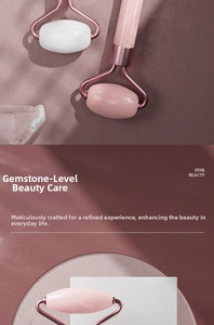 Detailed view of pink rose quartz facial roller with rose gold metal handle and dual heads