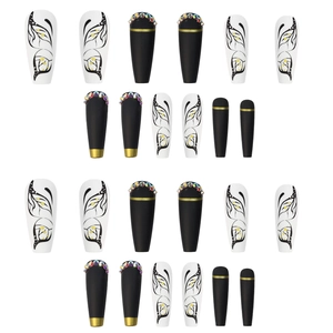Faux ongles papillon léopard noir mat avec strass de forme cercueil longue