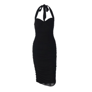 Detail of a black halter neck ruched bodycon dress with mesh lining and a heart-shaped neckline