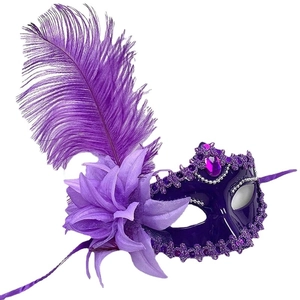 Elegant purple ostrich feather party mask with sequins and floral detail on white background