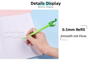 Detail of 0.5mm dinosaur gel pen tip showing smooth ink flow on colorful background