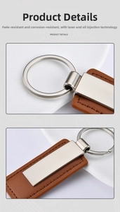 Detail view of brown leather keychain with anti-corrosion silver metal laser engraving