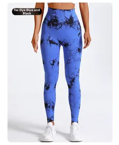 Detail of high-waist tie-dye yoga pants in blue-black pattern for fitness and running