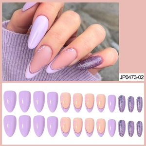 Faux Ongles Amande Lavande French Tip Fleur Paillettes Accessoire Manucure Brillant