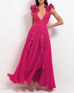Detailed front view of rose pink V-neck gown with 3D floral shoulders and cut-out waist