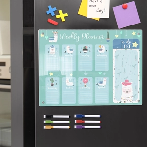 Acrylic magnetic weekly planner with alpaca design and 6 colorful markers on black fridge
