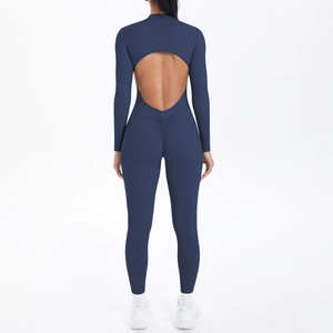 Marineblauer Langarm-Yoga-Bodysuit mit Rückenausschnitt und Po-Lifting-Effekt