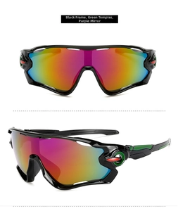 Detail of cycling sunglasses with black frame, green arms and purple mirrored lenses