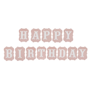 Macro detail of pink paper Happy Birthday banner with white lettering for party decor