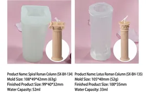 Detalle de los moldes de silicona para velas de columnas romanas en espiral y loto