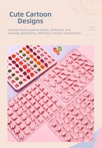 Pink silicone cartoon candy molds set with various animal and fruit shapes detail