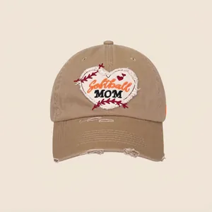 Vintage khaki baseball cap featuring heart embroidery and distressed softball mom design