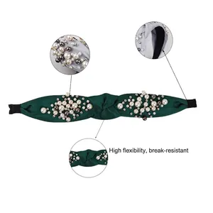 Green knotted pearl headband for women featuring high flexibility and durable structure