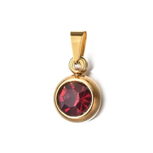Detail of 6mm gold stainless steel round pendant with red birthstone for DIY jewelry