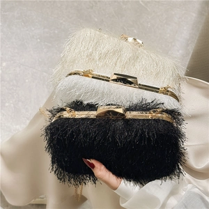 Detailed close-up of fringe evening bag with gold metal frame and geometric clasp