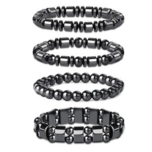 Set of four black magnetic hematite bead bracelets with various geometric bead shapes