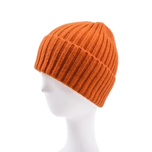 Detail view of orange ribbed knit beanie showing elastic texture and folded cuff edge