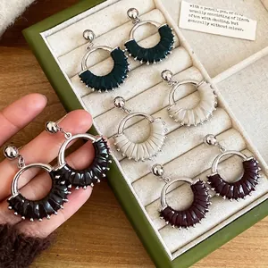 Vintage Round Dangle Earrings Alloy PU Leather With 925 Sterling Silver Earring Post For Women Geometric Retro Hip Hop