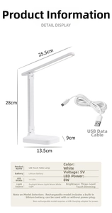 Detailed dimension layout of a foldable white LED desk lamp with three color modes
