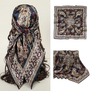 Navy blue paisley floral square silk scarf for women shown in multiple angles